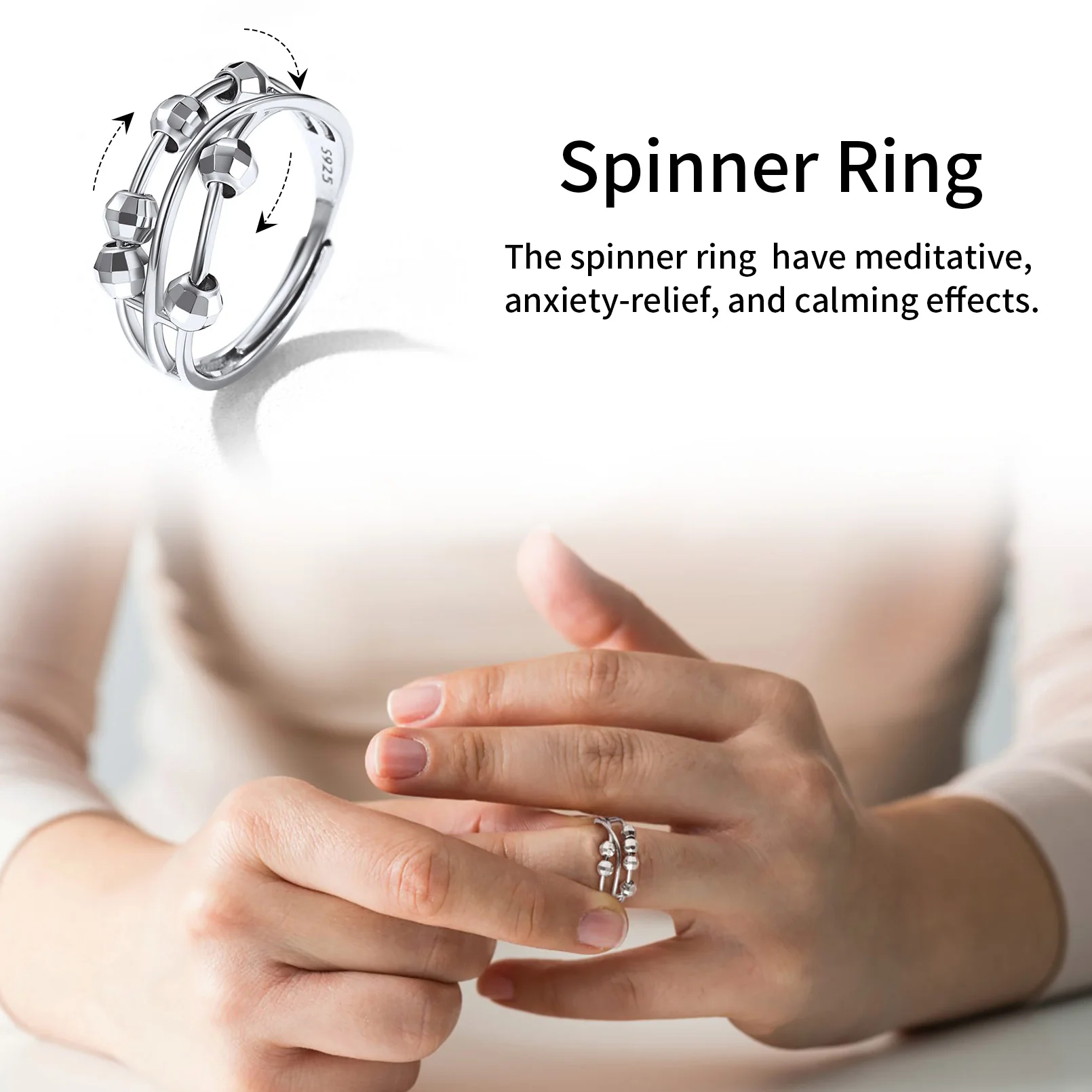 Antystresowy Srebrny Pierścionek 925 Minimalistyczny z Obracającymi Się Geometrycznymi Kulkami