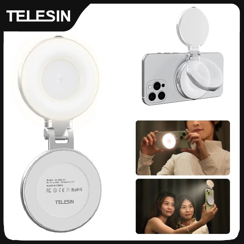 Magnetyczna Lampa Selfie TELESIN z Lustrem – 3 Tryby Światła, Kompatybilna z iPhone/Android
