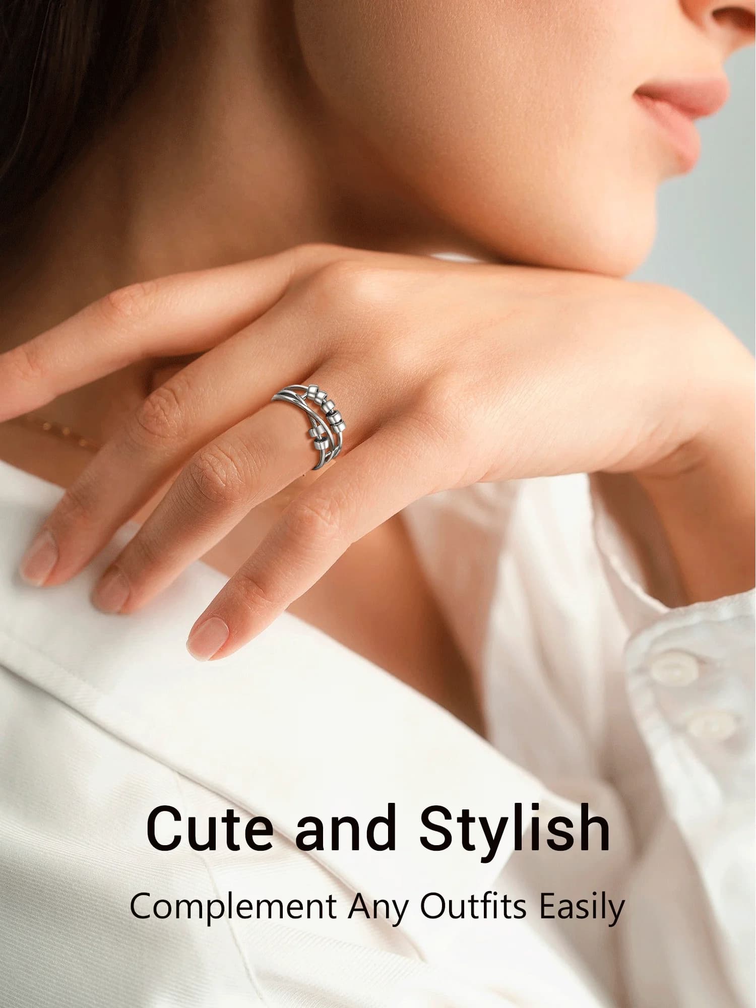 Antystresowy Srebrny Pierścionek 925 Minimalistyczny z Obracającymi Się Geometrycznymi Kulkami