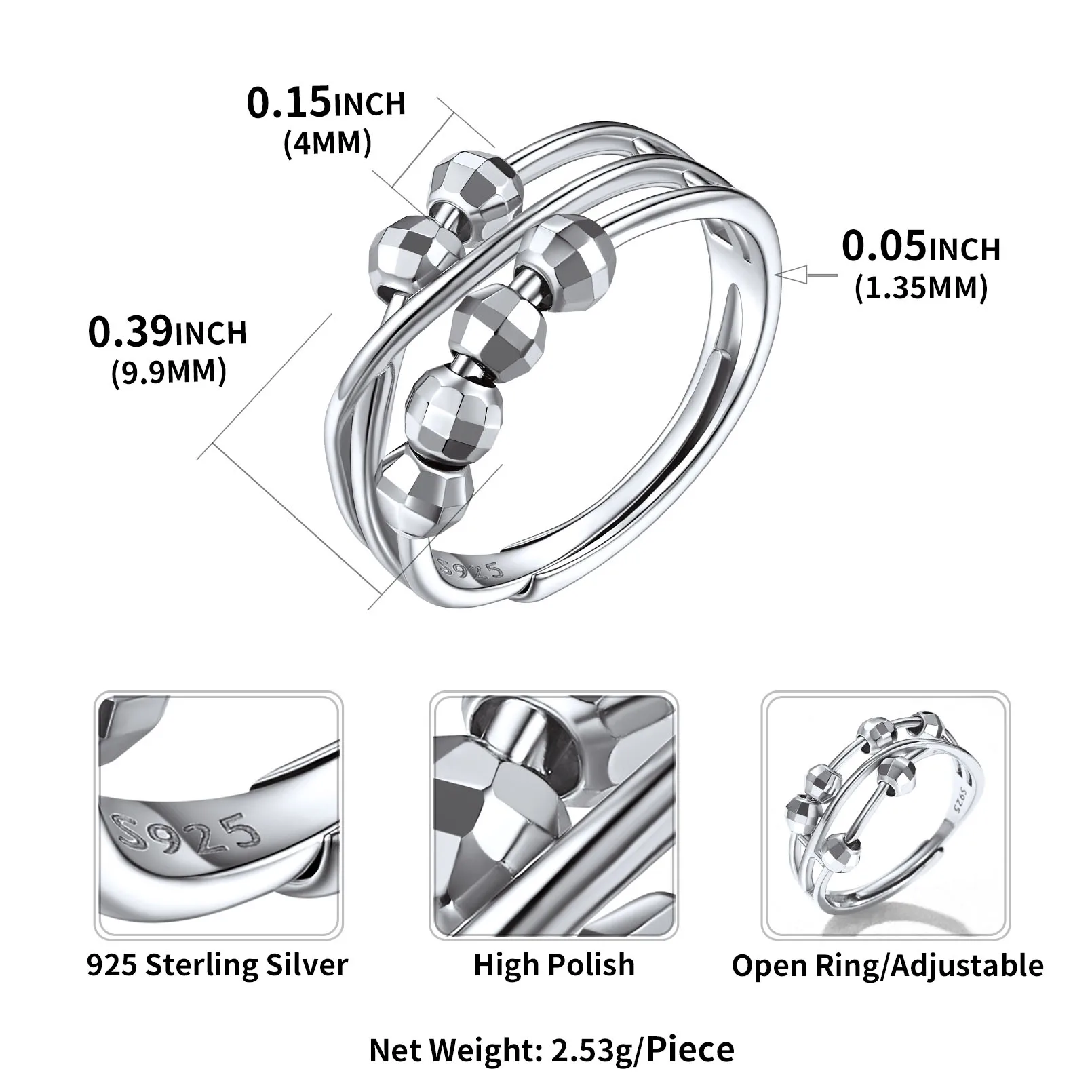 Antystresowy Srebrny Pierścionek 925 Minimalistyczny z Obracającymi Się Geometrycznymi Kulkami